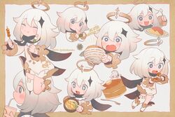  +_+ :t boots bowl chinikuniku closed_eyes cup dango dated dress drinking drinking_straw eating female food fork genshin_impact hair_ornament halo holding holding_bowl holding_food holding_spoon long_hair multiple_views omelet omurice paimon_(genshin_impact) pancake romper sanshoku_dango single_thighhigh spoon sweat takoyaki thighhighs twitter_username wagashi white_dress white_footwear white_hair white_legwear white_romper 