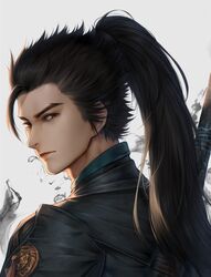  1boy absurdres brown_eyes brown_hair character_request chinese_commentary closed_mouth commentary_request from_behind gujian_qitan hair_tie high_ponytail highres hua-j long_hair looking_at_viewer looking_back male_focus ponytail smile smoke solo weapon weapon_on_back 