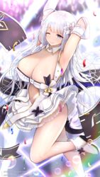  ;) armpits arms_up artist_name azur_lane bare_shoulders blue_eyes blush breasts cleavage dress female flight_deck gloves highres idol illustrious_(azur_lane) illustrious_(muse)_(azur_lane) kitsune-neko large_breasts leg_up long_hair looking_at_viewer mole mole_under_eye one_eye_closed patreon_username pixiv_username smile solo thighs very_long_hair web_address white_dress white_gloves white_hair 