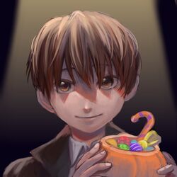  1boy black_hair brown_eyes candy candy_cane cape darren_shan food highres hikagami_(june_lotus) male_focus pumpkin short_hair smile solo the_saga_of_darren_shan upper_body vampire_costume 