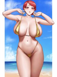  adjusting_clothes adjusting_swimsuit beach bikini breasts breasts_apart choker earrings female gold_bikini hair_bun highres hihizaru_badass hongryeon_(last_origin) jewelry large_breasts last_origin mole mole_under_eye navel outdoors purple_eyes red_hair single_hair_bun sky solo standing swimsuit 