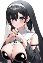  absurdres bangs black_hair black_headwear black_nails blue_eyes blush braid breasts cleavage closed_mouth cross cross_necklace detached_sleeves earrings eyebrows_visible_through_hair female hair_between_eyes highres jewelry kohanayuki large_breasts long_hair long_sleeves looking_at_viewer mole mole_under_eye nail_polish necklace nun original own_hands_together simple_background smile solo twin_braids twitter_username upper_body veil white_background 