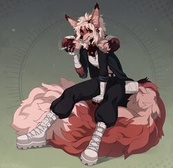  2023 5_fingers anthro bastika breasts canid canine cigarette clothed clothing digital_media_(artwork) eyebrows eyelashes facial_piercing female fingers fox hi_res mammal nose_piercing piercing smile smoking smoking_cigarette solo 