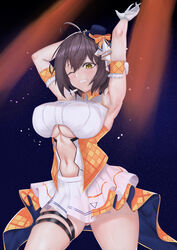  absurdres ahoge arm_strap armpits arms_up ass_visible_through_thighs azur_lane baltimore_(azur_lane) baltimore_(muse)_(azur_lane) bare_shoulders blush bow braid breasts brown_hair center_opening clothing_cutout collared_shirt commentary_request covered_nipples cowboy_shot crop_top female french_braid gloves grin hair_between_eyes hat headset highres idol large_breasts light_particles looking_at_viewer mini_hat mippei navel navel_cutout official_alternate_costume one_eye_closed orange_bow pleated_skirt purple_background shirt short_hair showgirl_skirt sidelocks skindentation skirt sleeveless sleeveless_shirt smile solo stage_lights standing thigh_strap underboob underboob_cutout white_skirt yellow_eyes 