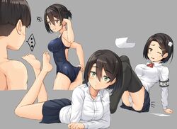  ... 1boy ? adjusting_clothes adjusting_swimsuit armband arms_under_breasts ass barefoot black_hair black_skirt black_thighhighs blush breasts brown_hair cameltoe closed_mouth commentary_request crossed_bandaids expressionless female full_body green_eyes grey_background hair_between_eyes highres kitsunerider large_breasts lying miniskirt multiple_views on_stomach one_eye_closed open_mouth original panties pantyshot school_swimsuit school_uniform shirt simple_background skirt smile soles solo_focus spoken_ellipsis spoken_question_mark swimsuit tearing_up the_pose thighhighs undercut underwear upper_body white_panties white_shirt 