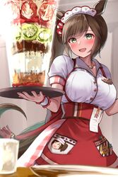  :d animal_ears blunt_bangs blush breasts brown_hair cowboy_shot female food green_eyes headdress heart_on_chest highres holding holding_tray horse_ears horse_girl ines_fujin_(melty_gift)_(umamusume) ines_fujin_(umamusume) large_breasts looking_at_viewer maid_headdress name_tag official_alternate_costume oversized_food oversized_object parfait puffy_short_sleeves puffy_sleeves sg_(esujii) shirt short_sleeves side_ponytail smile solo standing tray umamusume waitress white_shirt wrist_cuffs 