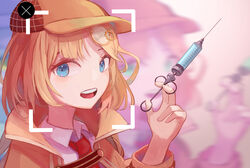  blonde_hair blue_eyes bob_cut clip_studio_paint_(medium) close-up english_commentary facial_recognition female hair_ornament hat highres holding holding_syringe hololive hololive_english looking_at_viewer medium_hair mrstomachache open_mouth syringe virtual_youtuber watson_amelia watson_amelia_(1st_costume) 