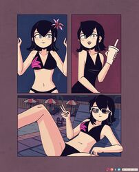  absurdres bikini black_bikini black_hair black_lips breasts chair commentary cup disposable_cup female grey_eyes hand_up highres holding holding_cup hotel_transylvania keetydraws lipstick looking_at_viewer makeup mavis_dracula medium_breasts navel outdoors pool poolside short_hair sitting slit_pupils solo swimsuit v 