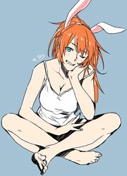  alternate_costume animal_ears barefoot black_shorts blue_bow blue_eyes blush bow breasts charlotte_e._yeager cleavage collarbone commentary_request feet female head_rest highres indian_style legs long_hair looking_at_viewer medium_breasts monokuro_graf one_eye_closed ponytail rabbit_ears rabbit_girl shorts signature sitting smile solo spaghetti_strap strap_slip strike_witches tank_top toenails toes world_witches_series 