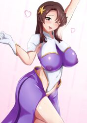  absurdres blueberry_okoku_izaberafujin breasts brown_eyes brown_hair commentary_request cosplay covered_navel cowboy_shot female gloves gundam gundam_seed gundam_seed_destiny hair_ornament highleg highleg_leotard highres huge_breasts leotard long_hair looking_at_viewer meer_campbell meer_campbell_(cosplay) multicolored_leotard murrue_ramius one_eye_closed purple_skirt simple_background skirt solo star_(symbol) star_hair_ornament white_background white_gloves 