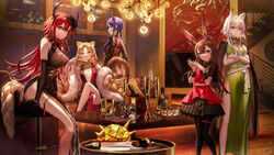  5girls absurdres alternate_costume amiya_(arknights) animal_ears arknights black_gloves black_pantyhose blonde_hair blue_eyes blue_hair blurry blurry_foreground breasts brown_hair ch&#039;en_(arknights) cleavage crossed_arms crossed_legs depth_of_field dress earrings elbow_gloves gloves green_eyes hair_ornament hairclip highres hoop_earrings horns indoors jewelry kal&#039;tsit_(arknights) large_breasts long_hair low_twintails medium_breasts multiple_girls originium_slug_(arknights) pantyhose plunging_neckline purple_eyes rabbit_ears rabbit_girl red_eyes red_hair revision ringlets short_hair short_hair_with_long_locks side_slit sidelocks sitting standing surtr_(arknights) swire_(arknights) tail thighlet twintails very_long_hair white_hair wrist_cuffs wu_lun_wujin 