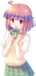  :d absurdres ahoge blue_hair blunt_bangs blunt_ends blush bow bowtie brown_eyes collared_shirt commentary cup female gradient_hair green_skirt hair_flaps highres holding holding_cup looking_at_viewer medium_hair mug multicolored_hair nyaa_(nnekoron) open_mouth pink_hair plaid plaid_skirt pleated_skirt shadow shiny_skin shirt simple_background skirt smile solo sweater_vest toyokawa_himeno upper_body white_background white_shirt yakunara_mug_cup_mo yellow_bow yellow_bowtie yellow_sweater_vest 