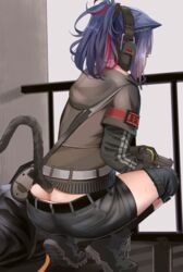  animal_ears arknights ass bad_id bad_pixiv_id belt black_belt black_footwear black_hair black_jacket black_shorts black_socks boots butt_crack cat_ears cat_tail commentary_request downpants female from_behind gun handgun headphones highres holding holding_gun holding_weapon hood hooded_jacket jacket jessica_(arknights) knee_pads kneehighs long_sleeves multicolored_hair panties panty_peek railing red_hair short_hair short_shorts shorts socks solo squatting streaked_hair tail thighs turisasu underwear weapon white_panties 