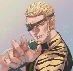  1boy absurdres animal_print blonde_hair claw_pose cry_sinkai eyepatch facial_hair goatee green_eyes hand_up highres looking_at_viewer male_focus muscular muscular_male parted_lips ramon_(kof) short_hair signature simple_background smile solo the_king_of_fighters tiger_print upper_body 