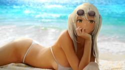  alternate_costume arm_support beach beach_towel bikini blonde_hair blurry blurry_background blush breasts chan1moon closed_mouth commentary cowboy_shot dark-skinned_female dark_skin day english_commentary eyewear_on_head female game_cg hair_ornament head_rest hololive hololive_english large_breasts long_hair looking_at_viewer lying ocean on_stomach outdoors planet_hair_ornament smile solo string_bikini sunglasses swimsuit tinted_eyewear towel tsukumo_sana twintails virtual_youtuber white_bikini yellow_eyes 