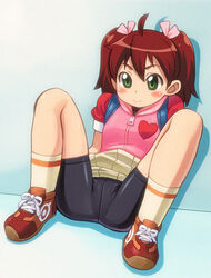  backpack bad_id bad_pixiv_id bag bike_shorts blush brown_hair closed_mouth female green_eyes hair_ribbon heart_on_chest jacket looking_at_viewer medium_hair ribbon ryuntack saru_getchu sayaka_(saru_getchu) short_twintails shorts shorts_under_skirt skirt smile solo twintails white_skirt 