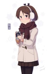  black_pantyhose blush brown_eyes brown_hair brown_scarf brown_skirt can canned_coffee character_name coat commentary_request cowboy_shot dated drink_can earmuffs female grey_coat kantai_collection long_sleeves looking_at_viewer nao_(nao_eg) pantyhose pleated_skirt ponytail scarf shikinami_(kancolle) short_hair simple_background skirt solo twitter_username white_background 