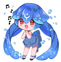  bao_(vtuber) bao_(vtuber)_(1st_costume) black_dress blue_hair chibi dress female indie_virtual_youtuber long_hair looking_at_viewer musical_note off-shoulder_dress off_shoulder open_mouth red_eyes solo virtual_youtuber water_drop yuniiho 