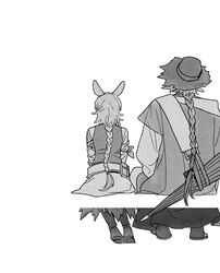  1boy animal_ears arknights armband boots braid closed_umbrella female from_behind greyscale hat knee_boots kroos_(arknights) kroos_the_keen_glint_(arknights) long_hair long_sleeves monochrome mr._nothing_(arknights) official_alternate_costume rabbit_ears simple_background single_braid sitting skirt snsstk1 umbrella very_long_hair white_background 