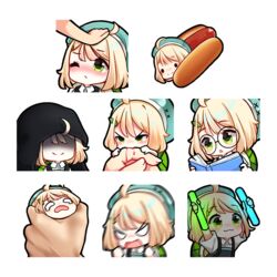  :3 ahoge biting biting_another&#039;s_finger blood commentary english_commentary female fen_(vtuber) foodification glasses glowstick green_eyes headpat holding hood hood_up hot_dog indie_virtual_youtuber lifting_person looking_up meme mini_person minigirl moofie_(artist) objectification one_eye_closed reading round_eyewear second-party_source shaded_face short_hair smile virtual_youtuber 