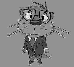  2023 animal_crossing anthro biped bottomwear clothing eyewear glasses lyle_(animal_crossing) mammal monochrome mustelid necktie nintendo otter pants shirt simple_background solo suit the-alfie-incorporated topwear 