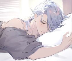  1boy bed blush closed_eyes closed_mouth genshin_impact grey_hair grey_shirt gumilkx hair_between_eyes hair_over_one_eye highres kamisato_ayato lying male_focus on_stomach pillow shirt sleeping solo upper_body 