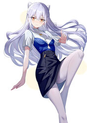  black_skirt blush braid breasts closed_mouth commentary_request female grey_hair hair_between_eyes highres legs long_hair looking_at_viewer medium_breasts original pantyhose ririko_(zhuoyandesailaer) saegusa_riko short_sleeves skirt smile solo white_background white_pantyhose yellow_eyes 