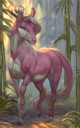  2022 almatea ambiguous_gender antlers asian_mythology bamboo chinese_mythology cloven_hooves dragon east_asian_mythology equid eyelashes feral fur grass green_eyes hi_res hooves horn inner_ear_fluff kirin mammal mythological_creature mythological_scalie mythology outside pink_body pink_scales plant scales scalie solo tuft white_body white_fur 