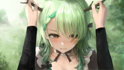  alternate_costume antlers asymmetrical_hair black_dress black_ribbon blurry blurry_background blush braid ceres_fauna chan1moon commentary day detached_collar dress embarrassed english_commentary eyelashes female french_braid game_cg green_hair hair_between_eyes hololive hololive_english horns light_green_hair long_hair looking_away looking_to_the_side mole mole_under_eye multicolored_hair neck_ribbon outdoors parted_lips portrait pov ribbon single_braid solo_focus streaked_hair two-tone_hair virtual_youtuber yellow_eyes 