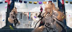  3girls aer7o animal_ear_fluff animal_ears arknights armor aunt_and_niece black_headwear black_legwear blemishine_(arknights) blonde_hair blue_eyes blush breastplate breasts cape commentary fur_trim gloves hair_between_eyes hair_ribbon hand_up hat headset highres holding holding_sword holding_weapon horse_ears horse_girl horse_tail large_breasts long_hair long_sleeves looking_at_viewer multiple_girls nearl_(arknights) open_mouth pauldrons ponytail ribbon shoulder_armor siblings sidelocks sisters smile standing sword tail thighhighs thighs vambraces weapon whislash_(arknights) yellow_eyes 