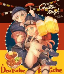  3girls alcohol beer bismarck_(kancolle) bismarck_kai_(kancolle) blonde_hair clothes_writing eating flag_background food fork french_fries german_flag german_text green_eyes hat highres hot_dog kantai_collection long_hair long_sleeves mika_pikazo military military_hat military_uniform multiple_girls plate pretzel red_hair sailor_collar short_hair translated uniform white_hair yellow_eyes z1_leberecht_maass_(kancolle) z3_max_schultz_(kancolle) 