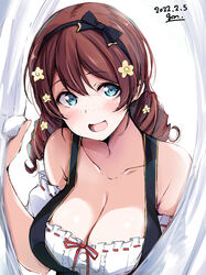  aqua_eyes bare_shoulders blush bow breasts brown_hair cleavage collarbone commentary curtain_grab curtains dated dirndl dress drill_hair emma_verde female flower from_above gengoroh german_clothes hair_between_eyes hair_flower hair_ornament hairband hairbow highres large_breasts long_hair love_live! love_live!_nijigasaki_high_school_idol_club open_mouth smile solo twin_drills upper_body 