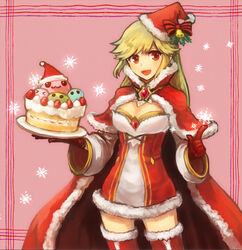  adapted_costume blonde_hair blush border bow breasts brooch cake cape christmas_cake cleavage commentary_request cowboy_shot detached_sleeves dress female finger_gun food fur-trimmed_cape fur-trimmed_gloves fur-trimmed_legwear fur_trim gem gloves hat hat_bell hat_bow holding holding_plate jewelry long_hair long_sleeves looking_at_viewer marin_(ragnarok_online) medium_breasts mogukk open_mouth pink_background plate poporing poring ragnarok_online red_bow red_cape red_dress red_eyes red_gloves red_thighhighs santa_costume santa_dress santa_hat simple_background snowflakes solo standing thighhighs two-tone_dress warlock_(ragnarok_online) white_dress white_sleeves zettai_ryouiki 