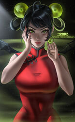  artist_name bat_wings black_background black_hair corona-chan coronavirus dress earrings english_commentary eyelashes female green_eyes hair_ornament hair_rings hand_on_own_cheek hand_on_own_face impossible_clothes izhardraws jewelry lipstick looking_at_viewer makeup original paid_reward_available personification red_dress red_nails short_hair sleeveless sleeveless_dress solo standing web_address wings 