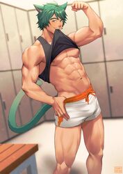  1boy abs animal_ears bara biceps blurry blurry_background blush bulge cat_ears cat_tail clothes_lift flexing green_hair indoors locker locker_room looking_at_viewer male_focus manly muscular muscular_male navel nipples original pectorals pose shirt_lift short_hair shorts solo spiked_hair tail tank_top thick_arms thick_eyebrows thick_thighs thighs underpec veins veiny_arms zink_(zink_mchn) 