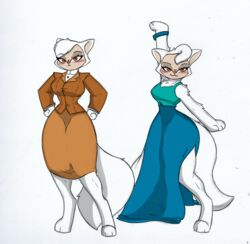  anthro blush breasts brown_eyes cats_don&#039;t_dance clothed clothing domestic_cat dress felid feline felis female fur hi_res mammal pace-maker pink_nose sawyer_(cats_don&#039;t_dance) secretary small_waist solo suit thick_thighs warner_brothers white_body white_fur wide_hips 