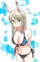  animal_ears arms_behind_back artist_name bikini black_bikini black_bikini_bottom blonde_hair blue_bikini breasts bronislava_feoktistovna_safonov cleavage cowboy_shot dated female green_eyes groin halterneck highres large_breasts leaning_forward long_hair looking_at_viewer monokuro_graf multicolored_bikini multicolored_clothes navel rabbit_ears rabbit_girl rabbit_tail side-tie_bikini_bottom smile solo string_bikini swimsuit tail thighs world_witches_series 