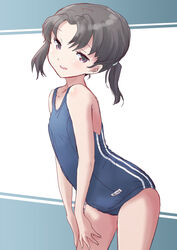  black_hair blue_one-piece_swimsuit commentary_request cowboy_shot female flat_chest fuji_(pixiv24804665) highres kantai_collection leaning_forward looking_at_viewer one-piece_swimsuit purple_eyes school_swimsuit short_hair shounan_(kancolle) solo standing striped swimsuit twintails vertical_stripes 