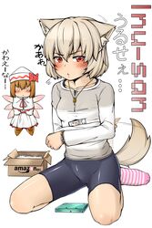  2girls alternate_costume amazon_(company) animal_ear_fluff animal_ears apple_(inmu) bike_shorts black_shorts blush boots bow bracelet breasts brown_footwear brown_hair closed_mouth commentary_request contemporary dress flying_sweatdrops full_body hair_between_eyes handheld_game_console hat hat_bow highres inubashiri_momiji jewelry kitsunerider light_brown_hair lily_white manatsu_no_yo_no_inmu medium_breasts multiple_girls nintendo_ds o_o pink_socks red_bow red_eyes revision short_hair shorts socks solid_circle_eyes striped_clothes striped_socks tail tail_wagging touhou translation_request white_dress wolf_ears wolf_girl wolf_tail 