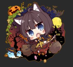  animal_ear_fluff animal_ears bat_(animal) black_hair blue_eyes blush_stickers broom broom_riding candy cat_ears cat_tail chibi claw_pose detached_sleeves female food full_moon gao ghost halloween hat hatachi highres jack-o&#039;-lantern looking_at_viewer moon night oerba_yun_fang open_mouth original short_hair silhouette solo striped_clothes striped_thighhighs tail thighhighs vertical-striped_clothes vertical-striped_thighhighs witch_hat 