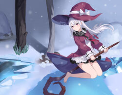  absurdres barefoot celite commentary dress female floating_hair hat highres holding long_hair long_sleeves looking_away parted_lips purple_dress purple_hat red_eyes revived_witch solo staff staff_riding symbol-only_commentary thighs white_hair witch witch_(revived_witch) witch_hat 