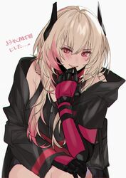  aogisa bad_id bad_twitter_id black_jacket blonde_hair blush character_name female finger_to_mouth girls&#039;_frontline gloves hair_ornament highres jacket long_hair looking_at_viewer m4_sopmod_ii_(girls&#039;_frontline) m4_sopmod_ii_(mod3)_(girls&#039;_frontline) mechanical_arms open_mouth red_eyes solo translated white_background 