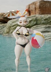  2023 3d_(artwork) absurd_res anthro ball beach_ball beach_umbrella bikini breasts clothing digital_media_(artwork) female feversfm generation_8_pokemon hi_res holding_ball holding_object inflatable looking_at_viewer navel nintendo orange_eyes outside parasol pink_nose pokemon pokemon_(species) scorbunny scorbunny_(valorlynz) solo standing swimwear teeth 