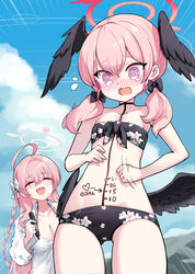  2girls :d @_@ ahoge bikini bikini_under_clothes black_bikini black_bow black_wings blue_archive blush body_writing bow braid breasts closed_eyes collarbone commentary english_commentary feathered_wings floral_print flying_sweatdrops front-tie_bikini_top front-tie_top hair_between_eyes hairbow halo halterneck hanako_(blue_archive) hanako_(swimsuit)_(blue_archive) head_wings highres hm_(hmongt) holding holding_marker huge_breasts koharu_(blue_archive) koharu_(swimsuit)_(blue_archive) length_markings long_hair low_twintails low_wings marker multiple_girls navel nose_blush official_alternate_costume open_mouth penis_measuring pink_eyes pink_hair pink_halo print_bikini shirt side_braid single_braid small_breasts smile strapless strapless_bikini swimsuit tearing_up tears twintails wavy_mouth white_bow white_shirt wings 