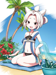  absurdres alternate_costume azur_lane bare_shoulders beach bikini black_bikini blue_ribbon blue_shawl bowl brown_eyes bush cloud coconut coconut_tree day female flat_chest flower folding_fan full_body hand_fan highres holding looking_at_viewer marui_kado navel ocean oerba_yun_fang open_mouth outdoors palm_tree ramune ribbon sand seiza shawl short_ponytail shouhou_(azur_lane) side-tie_bikini_bottom sitting sky smile swimsuit topknot towel tree 