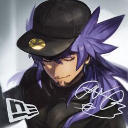  1boy alternate_costume baseball_cap black_hat closed_eyes closed_mouth commentary_request dark-skinned_male dark_skin eyelashes facial_hair hat leon_(pokemon) long_hair male_focus pokemon pokemon_swsh poroi_(poro586) purple_hair signature smile solo upper_body 