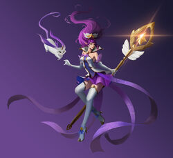  absurdres bare_shoulders blue_eyes breasts dress duoduo_luo_di_guowang elbow_gloves female gloves gradient_background hair_ornament high_heels highres holding holding_staff janna_(league_of_legends) large_breasts league_of_legends long_hair magical_girl official_alternate_costume pointy_ears purple_dress purple_hair staff star_(symbol) star_guardian_(league_of_legends) star_guardian_janna star_guardian_pet thighhighs white_dress white_legwear 