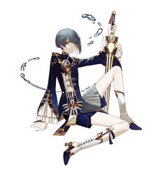  1boy blue_hair blue_shorts boots chinikuniku earrings frilled_sleeves frills full_body genshin_impact highres holding holding_sword holding_weapon jewelry knee_boots looking_at_viewer male_focus shorts single_earring smile solo sword tassel tassel_earrings weapon xingqiu_(genshin_impact) yellow_eyes 