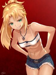  abs artist_name bandeau bare_arms bare_shoulders belt belt_buckle blonde_hair blue_shorts braid breasts buckle cleavage collarbone cowboy_shot cutoffs denim denim_shorts fate/apocrypha fate/grand_order fate_(series) female gradient_background green_eyes grin hands_on_own_hips jewelry lazycoffee_(wyen_iscordo) leaning_forward long_hair mordred_(fate) mordred_(fate/apocrypha) mordred_(memories_at_trifas)_(fate) necklace parted_bangs parted_lips ponytail red_background short_shorts shorts small_breasts smile solo teeth thigh_gap toned 