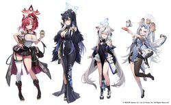  4girls animal_ears armband asymmetrical_legwear bag bare_shoulders black_choker black_dress black_footwear black_hair black_jacket black_skirt blue_archive blue_dress blue_eyes boots breasts bucket china_dress chinese_clothes choker cleavage cleavage_cutout clothing_cutout covered_navel demon_horns demon_tail dress feather_boa food freng frills full_body garter_straps green_eyes grin halo hand_on_own_hip highres holding holding_food holding_popsicle horns jacket kokona_(blue_archive) large_breasts long_hair looking_at_viewer megu_(blue_archive) miniskirt mouse_ears multicolored_hair multiple_girls nezusuke_(blue_archive) off_shoulder official_art one_eye_closed open_clothes open_jacket parted_bangs pelvic_curtain pleated_skirt pointy_ears ponytail popsicle red_eyes red_hair ribbed_shirt saya_(blue_archive) shirt short_dress shoulder_bag shun_(blue_archive) side_slit simple_background single_leg_pantyhose single_thighhigh skirt sleeveless sleeveless_dress sleeveless_shirt smile socks standing streaked_hair striped_clothes striped_dress sweatdrop tail thighhighs thighs very_long_hair white_background white_hair white_shirt white_socks white_thighhighs wooden_bucket 